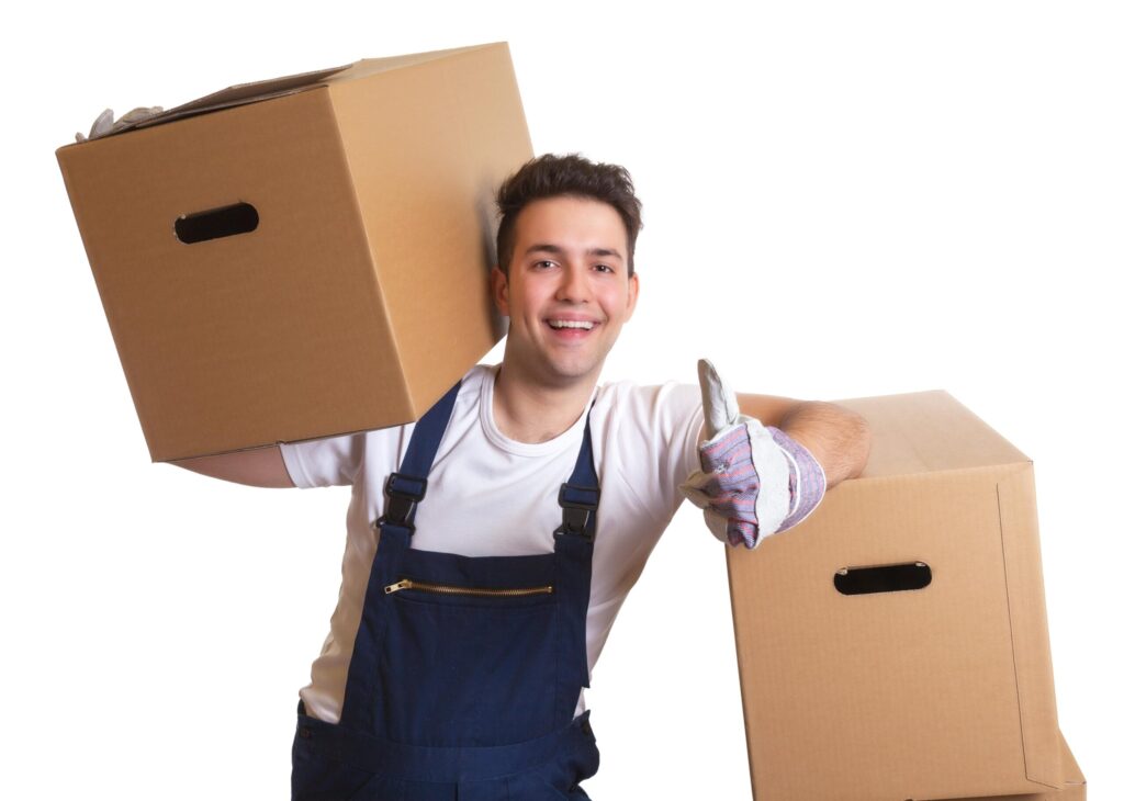 Mitarbeiter der Entrümpelung Wattenscheid trägt Umzugskartons und zeigt Daumen hoch als Zeichen für zuverlässigen Service.